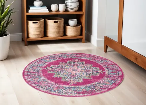 5' Fuchsia And Blue Oriental Distressed Round Rug