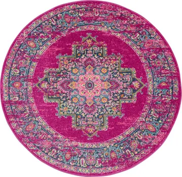 5' Fuchsia And Blue Oriental Distressed Round Rug