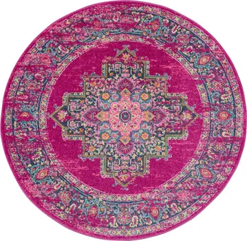 5' Fuchsia And Blue Oriental Distressed Round Rug