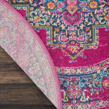 5' Fuchsia And Blue Oriental Distressed Round Rug