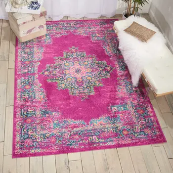 7' X 10' Fuchsia And Blue Oriental Distressed Area Rug