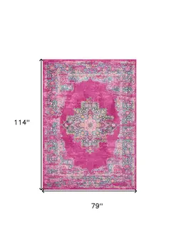7' X 10' Fuchsia And Blue Oriental Distressed Area Rug