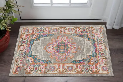 2' X 3' Gray And Gold Medallion Distressed Area Rug