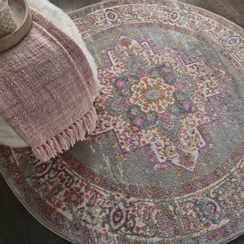 4' Gray And Gold Medallion Distressed Round Rug
