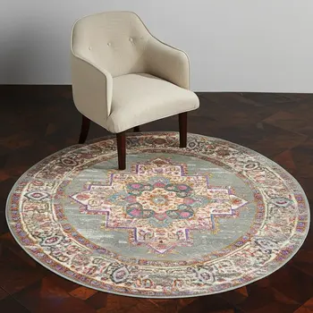 4' Gray And Gold Medallion Distressed Round Rug