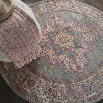 4' Gray And Gold Medallion Distressed Round Rug