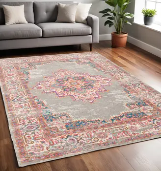 5' X 7' Gray And Gold Medallion Distressed Area Rug