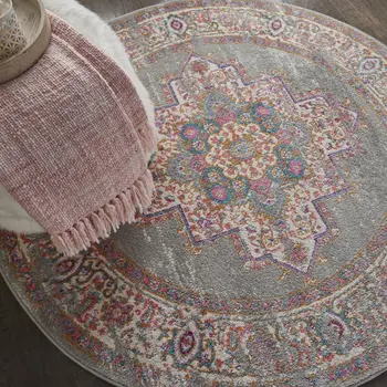 5' Gray And Gold Medallion Distressed Round Rug