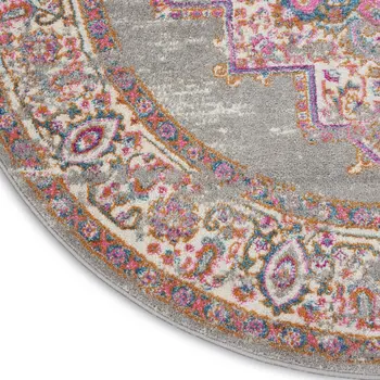 5' Gray And Gold Medallion Distressed Round Rug