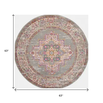5' Gray And Gold Medallion Distressed Round Rug