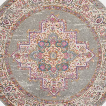 5' Gray And Gold Medallion Distressed Round Rug