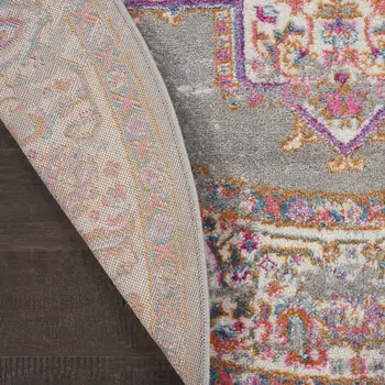 8' Gray And Gold Medallion Distressed Round Rug
