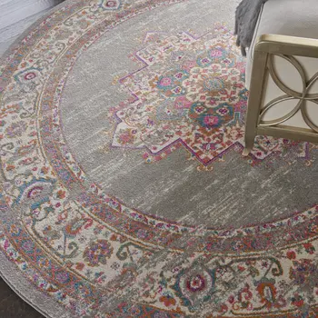 8' Gray And Gold Medallion Distressed Round Rug