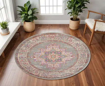 8' Gray And Gold Medallion Distressed Round Rug