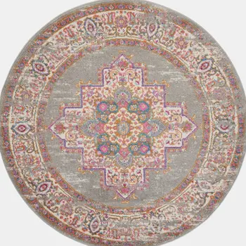 8' Gray And Gold Medallion Distressed Round Rug