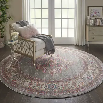 8' Gray And Gold Medallion Distressed Round Rug