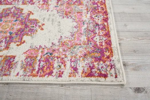 6' Ivory And Fuchsia Oriental Distressed Runner Rug