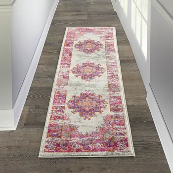 6' Ivory And Fuchsia Oriental Distressed Runner Rug