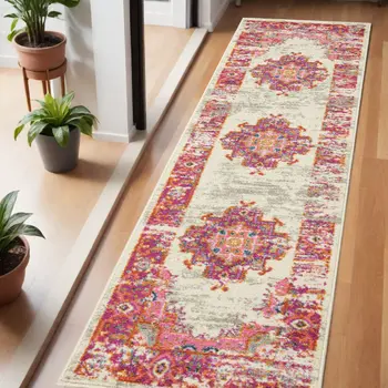6' Ivory And Fuchsia Oriental Distressed Runner Rug
