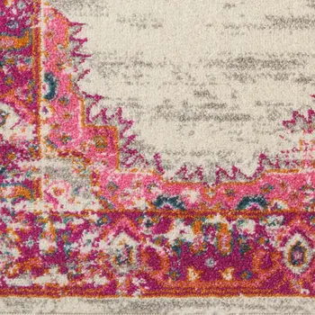 6' Ivory And Fuchsia Oriental Distressed Runner Rug