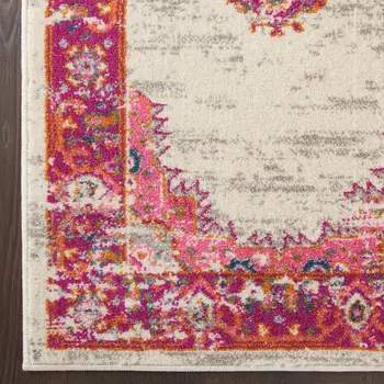 6' Ivory And Fuchsia Oriental Distressed Runner Rug