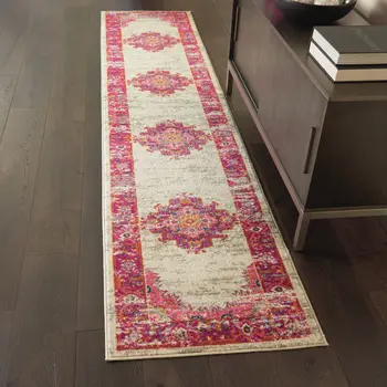10' Ivory And Fuchsia Oriental Distressed Runner Rug