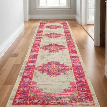 10' Ivory And Fuchsia Oriental Distressed Runner Rug