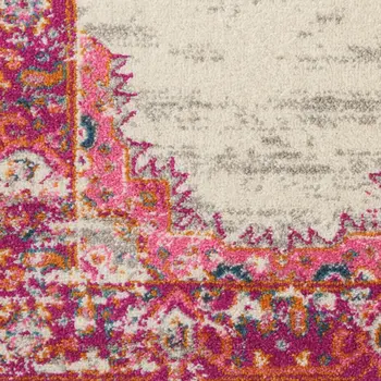 10' Ivory And Fuchsia Oriental Distressed Runner Rug