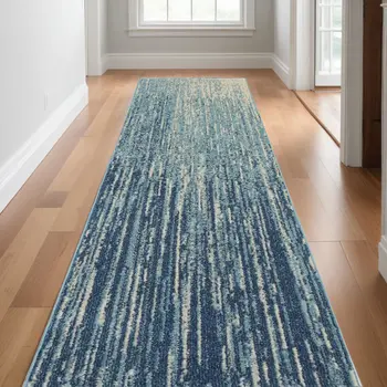 10' Blue And Ivory Abstract Runner Rug
