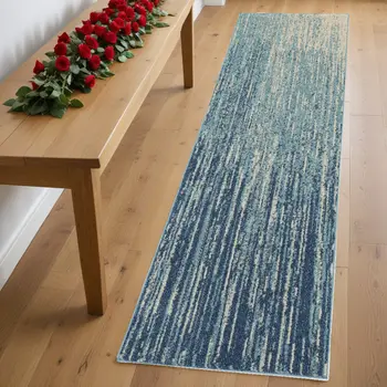 8' Blue And Ivory Abstract Runner Rug