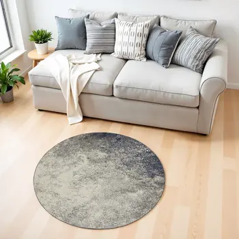 4' Gray And Ivory Abstract Round Rug