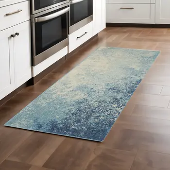 8' Blue And Ivory Abstract Runner Rug