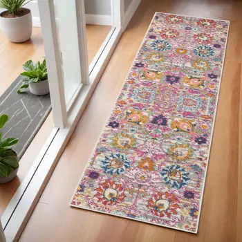 6' Silver Gray And Pink Floral Distressed Runner Rug