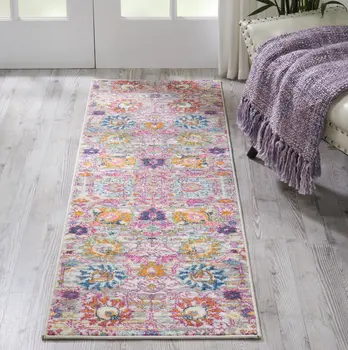 6' Silver Gray And Pink Floral Distressed Runner Rug