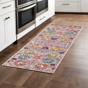 8' Silver Gray And Pink Floral Distressed Runner Rug
