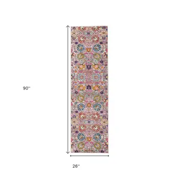 8' Silver Gray And Pink Floral Distressed Runner Rug