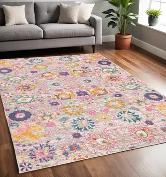 5' X 7' Gray And Pink Floral Distressed Area Rug