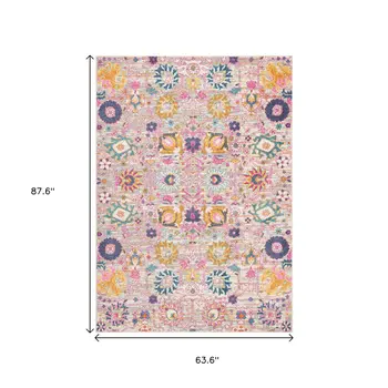 5' X 7' Gray And Pink Floral Distressed Area Rug