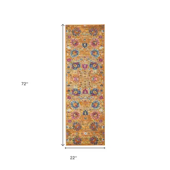 6' Blue And Orange Floral Distressed Runner Rug