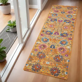 6' Blue And Orange Floral Distressed Runner Rug