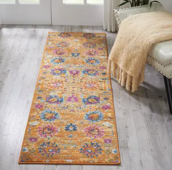 6' Blue And Orange Floral Distressed Runner Rug
