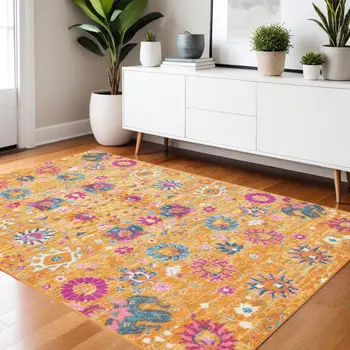 4' X 6' Blue And Orange Floral Distressed Area Rug