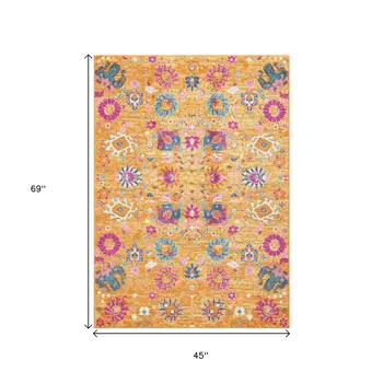 4' X 6' Blue And Orange Floral Distressed Area Rug
