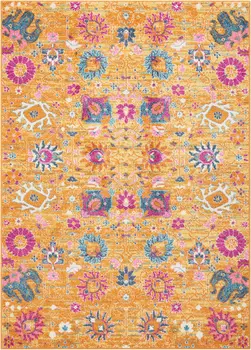 4' X 6' Blue And Orange Floral Distressed Area Rug