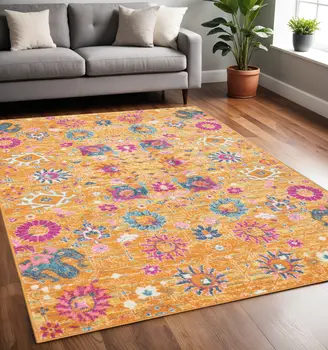 5' X 7' Blue And Orange Floral Distressed Area Rug