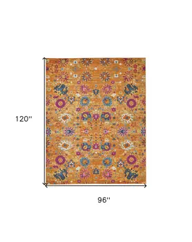 8' X 10' Blue And Orange Floral Distressed Area Rug