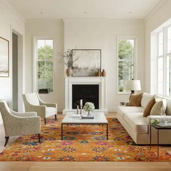 8' X 10' Blue And Orange Floral Distressed Area Rug