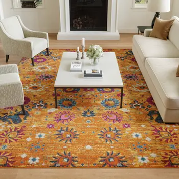 8' X 10' Blue And Orange Floral Distressed Area Rug
