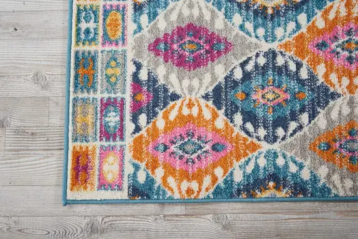 8' Ivory And Blue Ogee Distressed Runner Rug