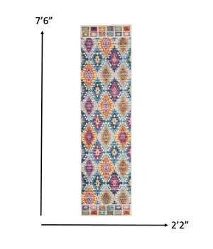 8' Ivory And Blue Ogee Distressed Runner Rug